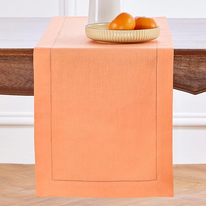 Solino Home Linen Coral Table Runner 72 Inches Long - 100% Pure Linen Hemstitch Table Runner 14 x 72 Inch for Dresser, Dining - Classic Hemstitch