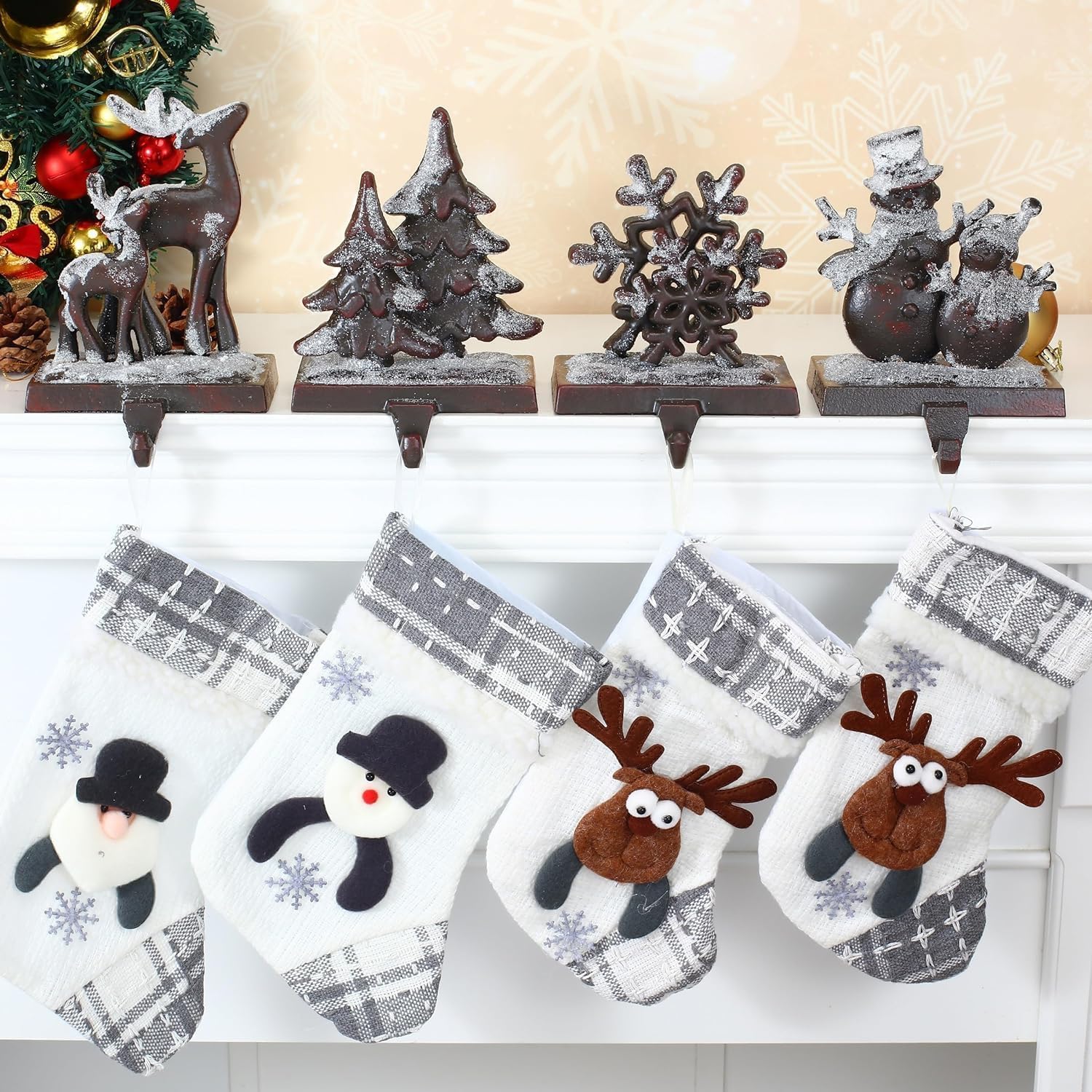 4PCS Iron Stocking Holders for Mantle Mantle Stocking Hanging Hook Xmas Weighted Christmas Stocking Holder Heavy Duty Farmhouse Vintage Fireplace Stocking Hanger for Christmas Decor (Iron,4)