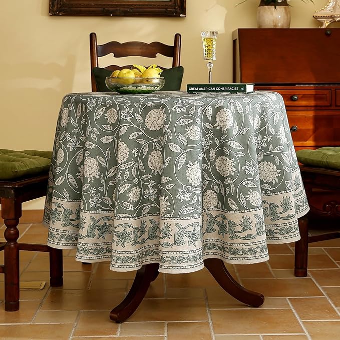 ISAENNE Designer Grayish Green Linen Small Round Tablecloth,Floral Stain Resistant Table Cloth,Fall Vintage Decor Tablecloths for Dining Thanksgiving Kitchen Party,Diameter 55"-Andrew A