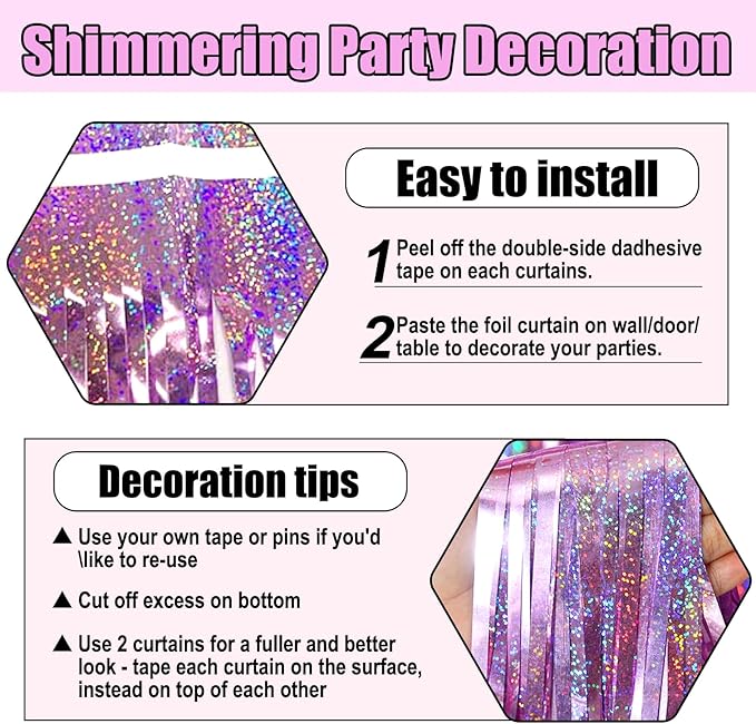 6 Pack Pink Foil Fringe Curtain Backdrop, 3.28Ft x 8.2Ft Metallic Tinsel Foil Fringe Streamer Curtains for Photo Booth, Birthday, Wedding, New Year Party Decorations