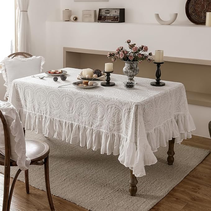 patdrea Vintage Ruffle Tablecloth for Rectangle Tables,Farmhouse Embroidered Cotton White Lace Table Cloth Cover Decor for Dining Room Wedding Banquet Thanksgiving Christmas,63"*98"