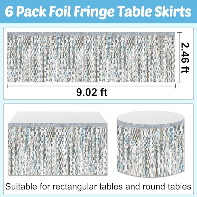 6 Pack 29x108 Inch Silver Wave Foil Fringe Table Skirts Metallic Banner for Tinsel Streamer Garland Backdrop for Parade Floats Mother's, Graduate, Mardi Gras, Birthday, Wedding Party Decorations