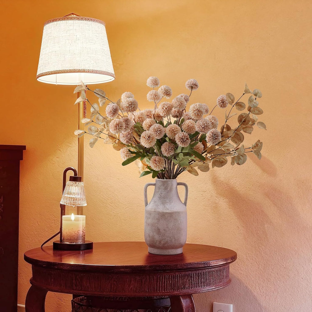Real-Touch Faux Silk Mums Bouquet, 12 Pcs with 2 Eucalyptus Stems, Bendable Long Stems, Full & Realistic Artificial Flower Arrangement for Vase, Table, Wedding & Wreath Décor, Beige (No Vase)