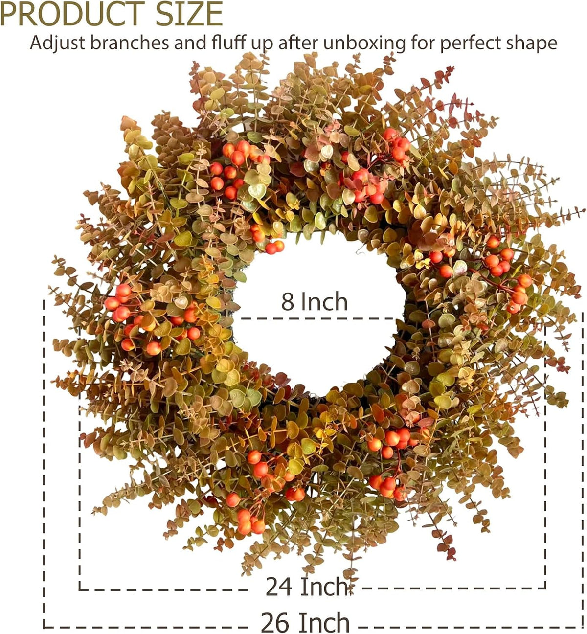 26" autumn fall eucalyptus wreath, front door burnt, close-up detail