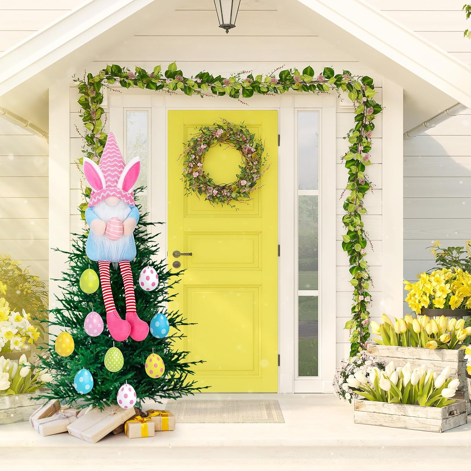 VitalCozy Easter Tree Topper 24 Inch Large Plush Gnomes Tree Ornaments Swedish Party Decoration Supplies with High Hat Legs Bunny Rabbits Ear for Home Fireplace Table Holidays Presents