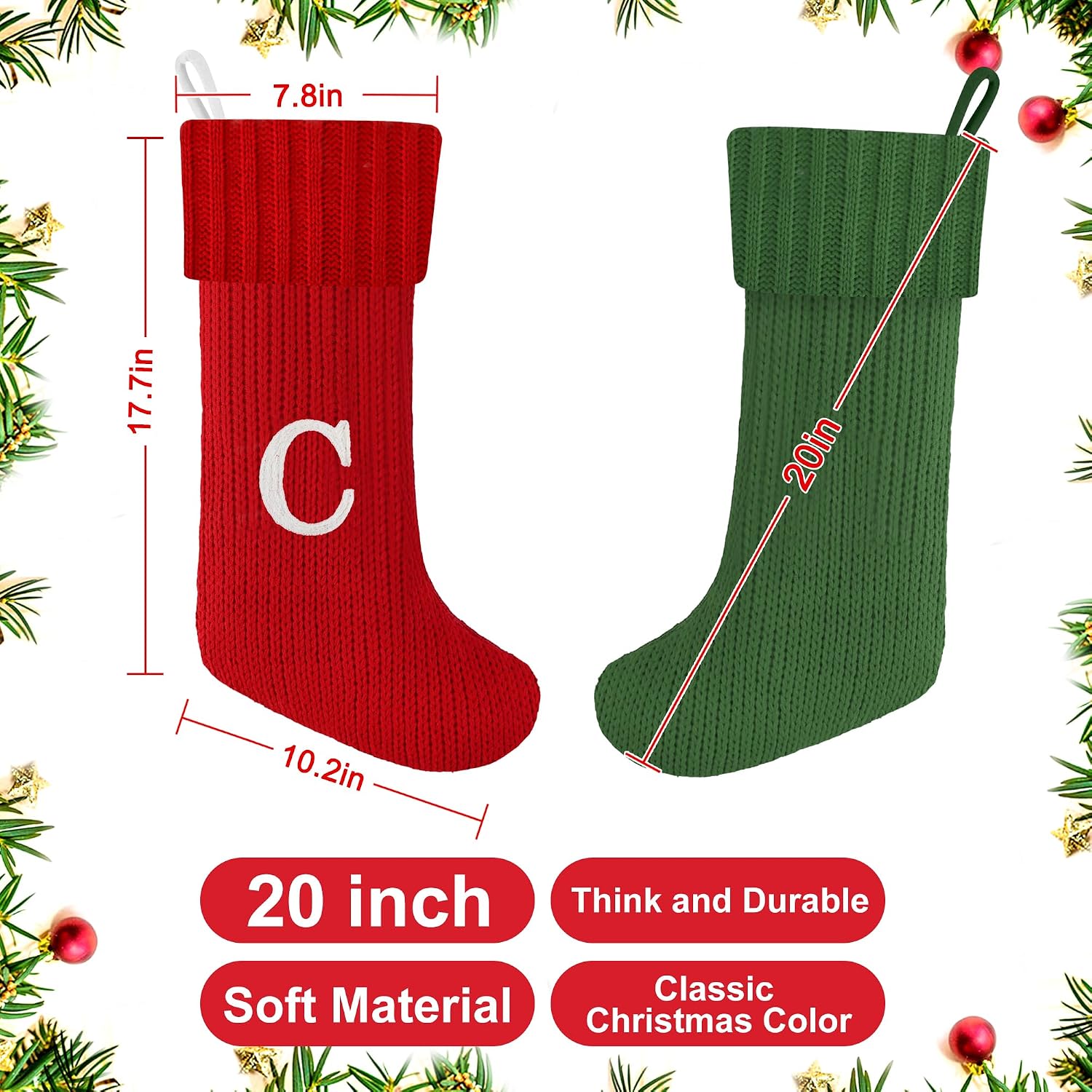 Christmas Stockings with Initials, 20 Inches Knitted Green Christmas Stockings with Monogram, Large Cable Knitted Stockings for Fireplace Holiday Family Party Decor(Green,J)