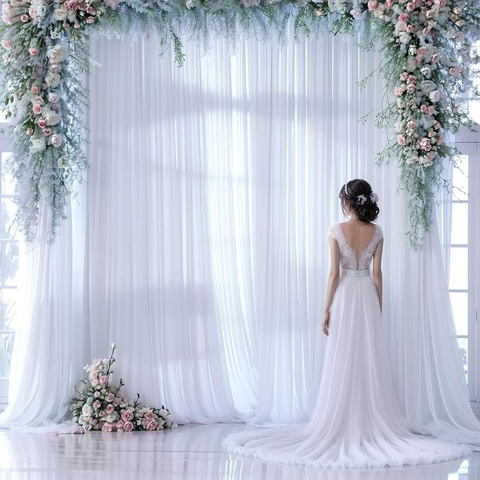White Backdrop Curtain for Parties 10 ft x 10 ft Sheer Tulle Backdrop Drapes for Wedding Ceremony Birthday Baby Shower Ceiling Drapes Christmas Photo Backdrop Curtain Decorations 2 Panels 5ft x 10ft