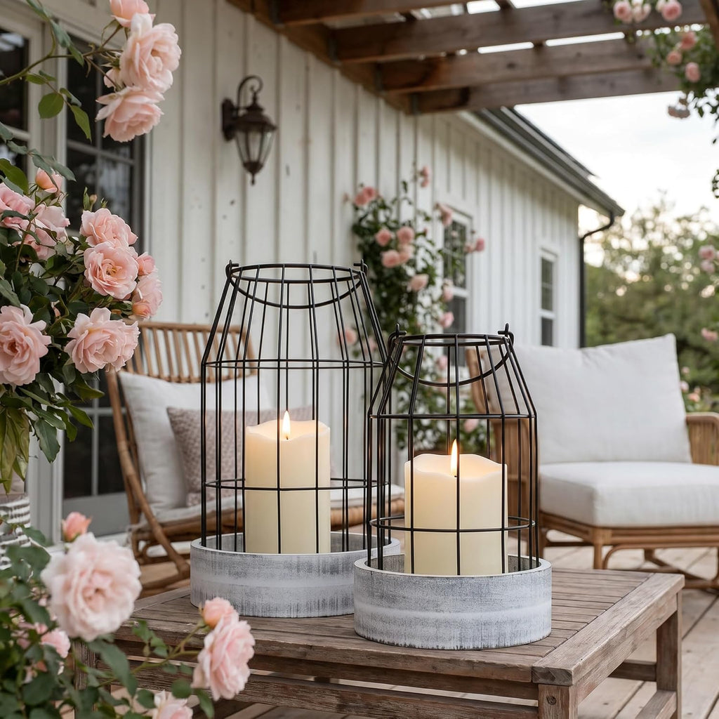 Rustic Farmhouse Lantern Decor Set of 2 - Stylish Decorative Lanterns for Your Living Room, Patio & Porch or Kitchen Dining Table - Modern Indoor/Outdoor Coffee Table Decor for Your Entire Home