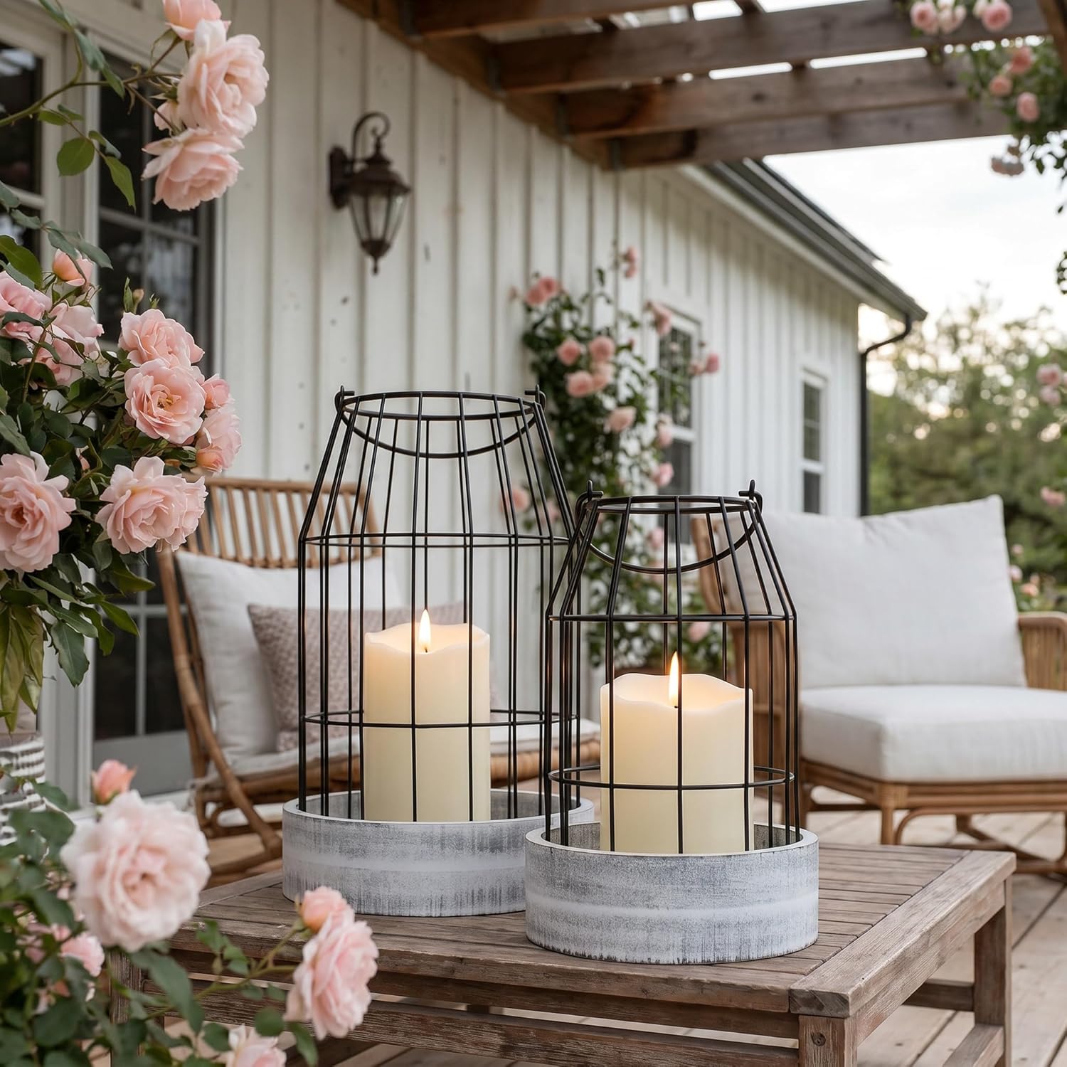 Rustic Farmhouse Lantern Decor Set of 2 - Stylish Decorative Lanterns for Your Living Room, Patio & Porch or Kitchen Dining Table - Modern Indoor/Outdoor Coffee Table Decor for Your Entire Home