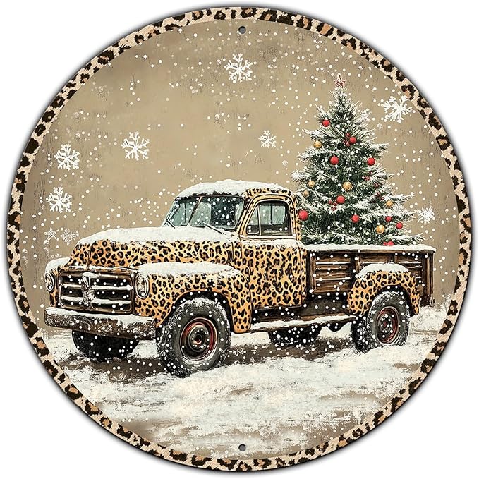 Round Leopard Truck Metal Tin Sign Rustic Wall Decor Christmas Wreath Sign Christmas Wreath Door Hanging Wall Decoration Bar Home Round 12 * 12 in