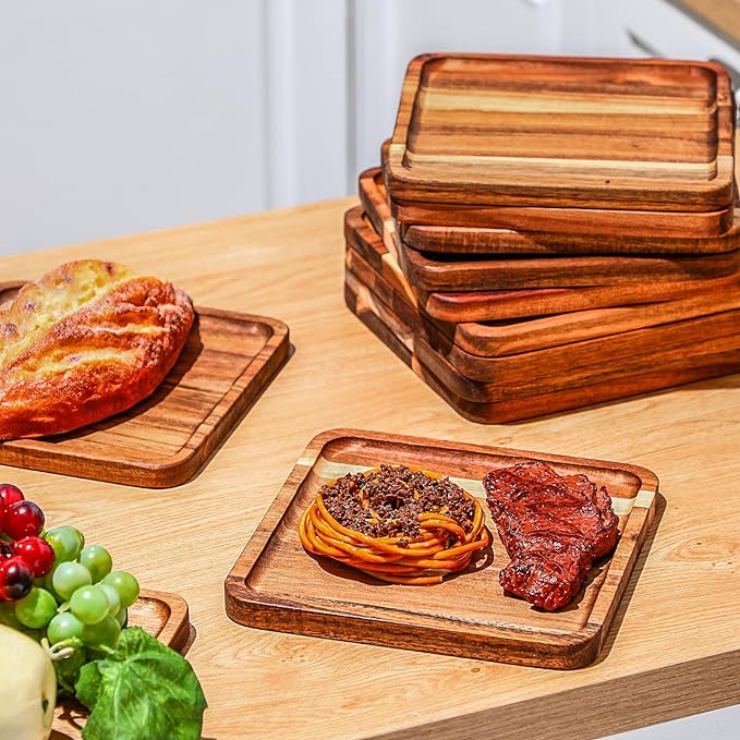 Roshtia 12 Pcs Wooden Plates Square Acacia Wood Charcuterie Board Wedding Dinner Serving Tray Charger Appetizer Kitchen Platter Cheese Steak Tableware Gift for Snack Dessert Salad Fruit (8 Inch)