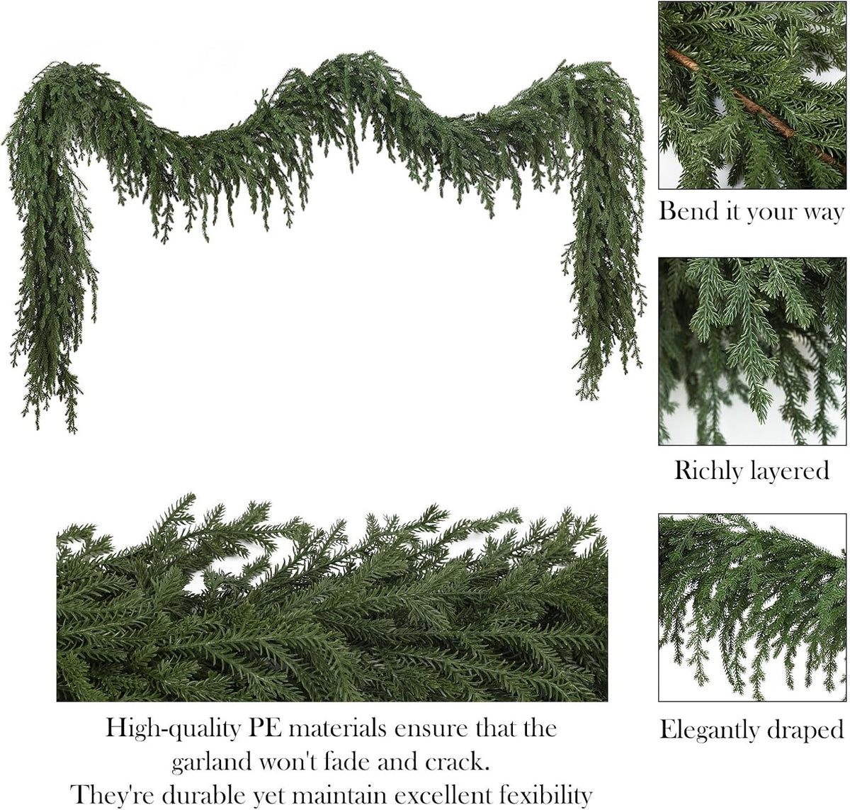 upgraded 9ft christmas norfolk pine garland, real touch, close-up detail