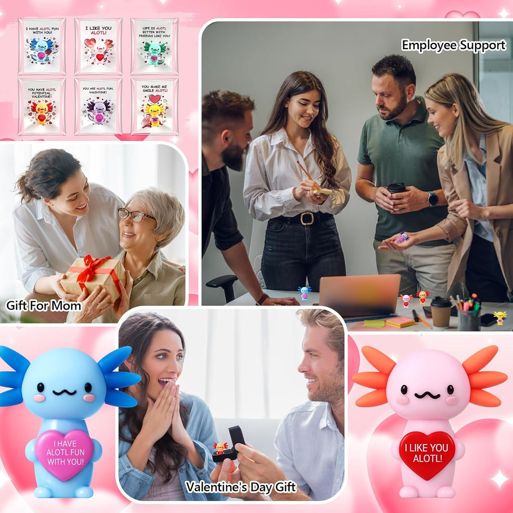 Gejoy 25 Sets Valentines Axolotl Figurines Gifts Positive Mini Axolotl with Positive Card Gift Bags for Valentine's Day Birthday Party Coworkers Employees