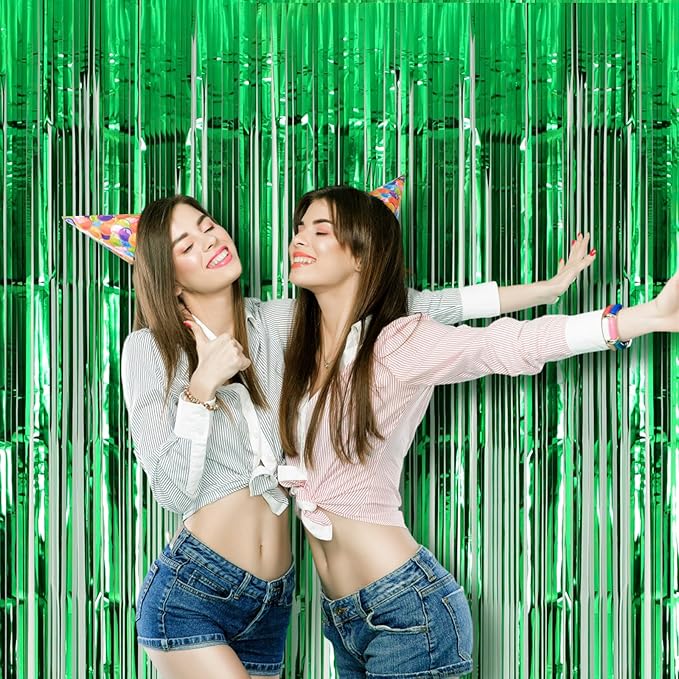 2 Pack Green Foil Fringe Backdrop Curtains, Tinsel Streamers Birthday Party Decorations, Fringe Backdrop for Graduation, Baby Shower, Gender Reveal, Disco Party