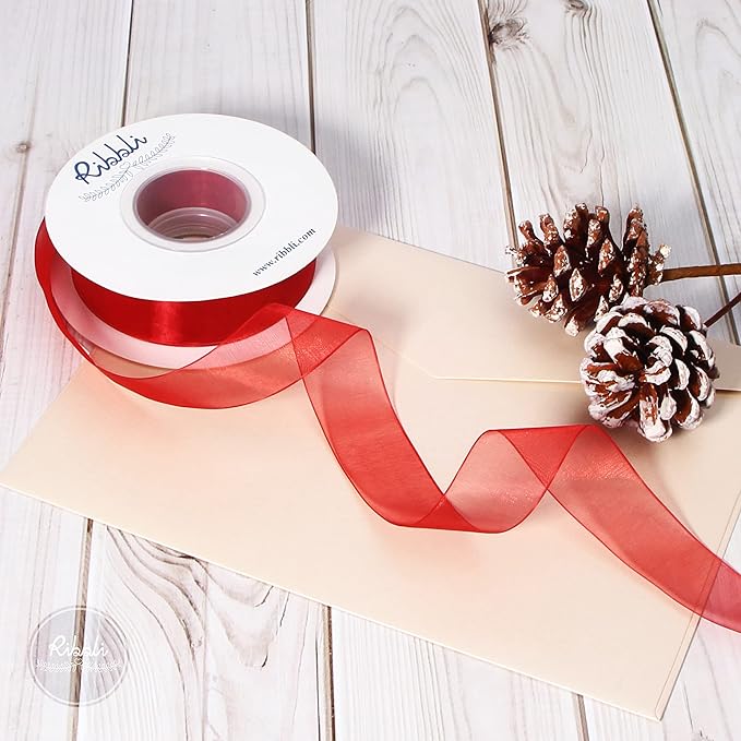 Ribbli Red Sheer Organza Ribbon,1 Inch x Continuous 50 Yard Use for Gift Wrapping,Bouquet Wrapping,Wedding Decoration,All Crafting and Sewing