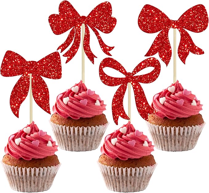 Gyufise 36Pcs Bow Cupcake Toppers Glitter Bowknot Cupcake Picks Bow Tie Birthday Decorations Princess Bow Cupcake Decorations for Bowknot Theme Baby Shower Birthday Party Supplies Red