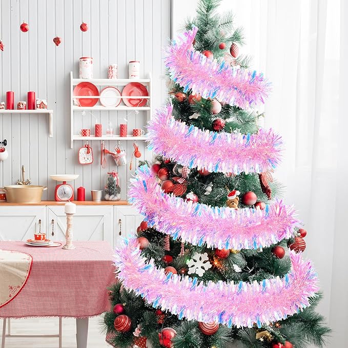72 Feet Christmas Tinsel Garland Shiny Metallic Tinsel Twist Garland Streamers Ornaments Long Glitter Christmas Tree Hanging Decorations for Party Holiday Wedding Birthday Tree Wall Rail (Pink)