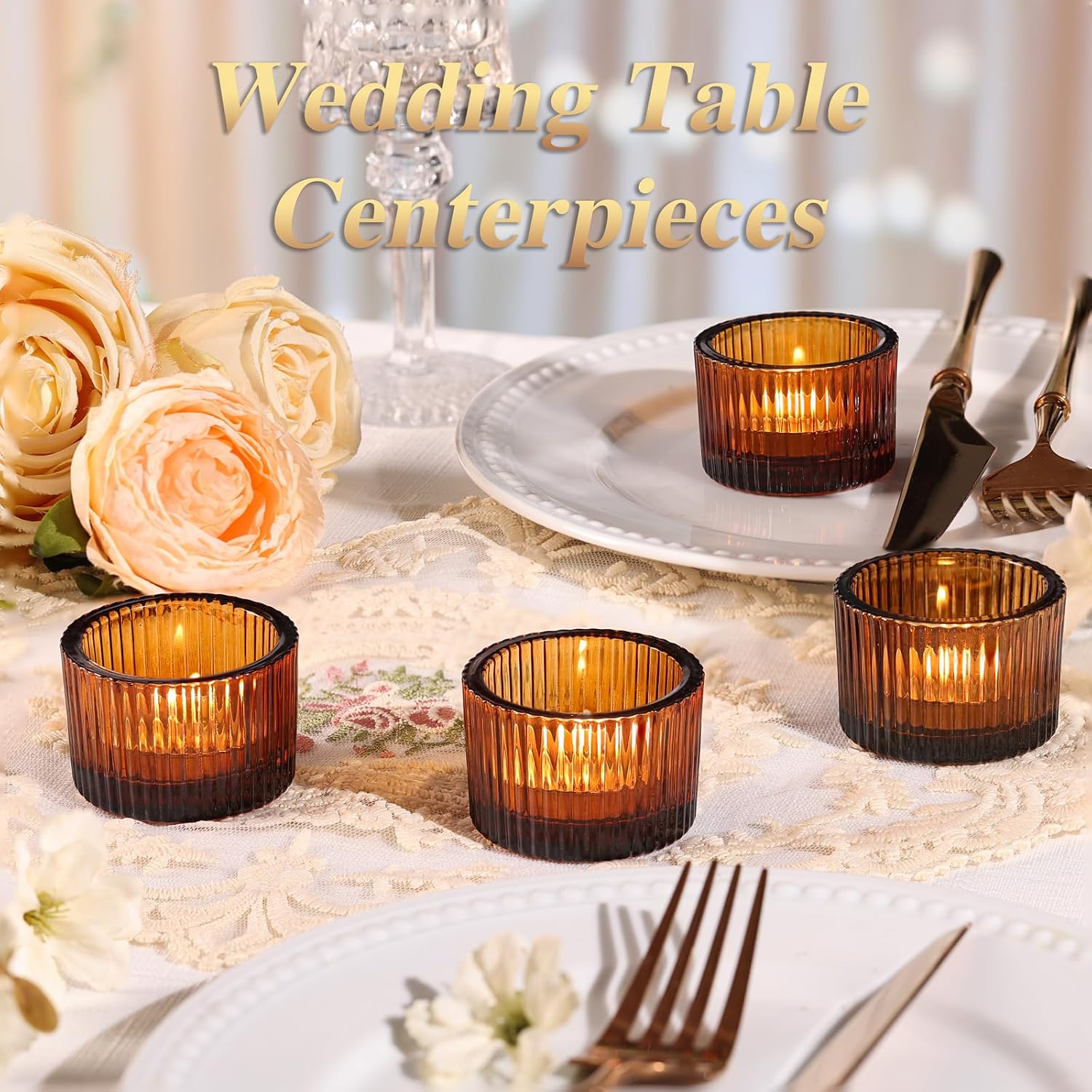 4 Pack Tealight Amber Candle Holders, Votive Tea Light Candle Holder | Glass Candle Holder Fall Wedding Decor Party Supplies for Amber Centerpieces Table Decor Home Decor Heat Resistant