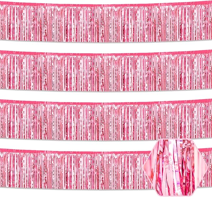 4 Pack 10 Feet Pink Foil Fringe Garland Metallic Tinsel Streamers Banner Wall Hanging Curtain Backdrop for Parade Floats, Wedding, Graduate, Mother's Day, Birthday Party Decoration