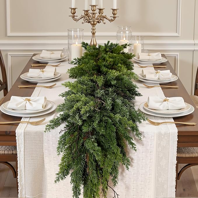 12FT Artificial Christmas Garland, Real Touch Greenery Cypress Pine Garland for Mantle Table Railing Fireplace Indoor & Outdoor Christmas Decoration