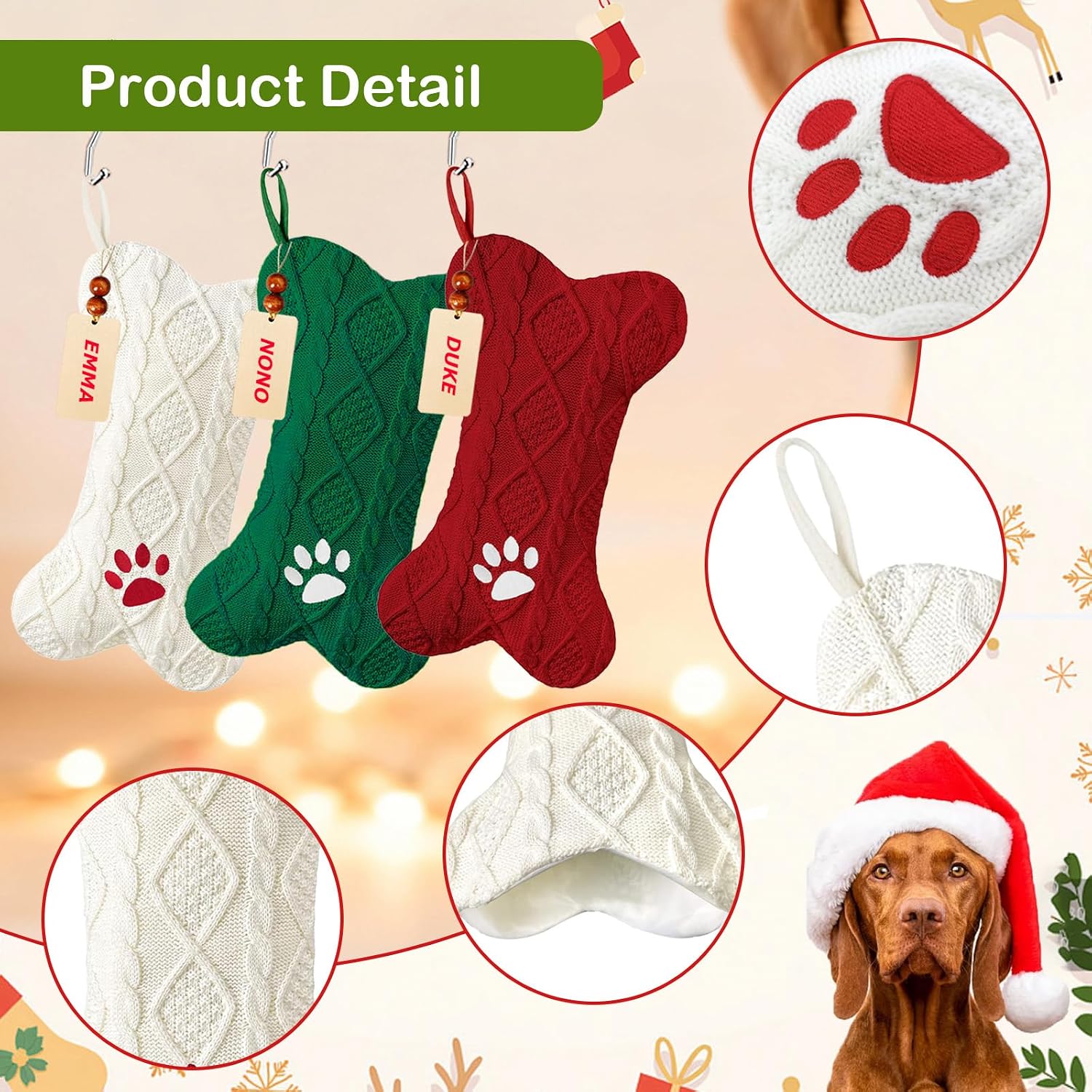 Personalized Dog Christmas Stockings 18’’ with Metal Holders & Name Tags, Paw-Print Embroidery Large Bone Shape Pet Hanging Stockings Xmas Knit Dogs Stocking for Christmas Decoration Party Décor-White