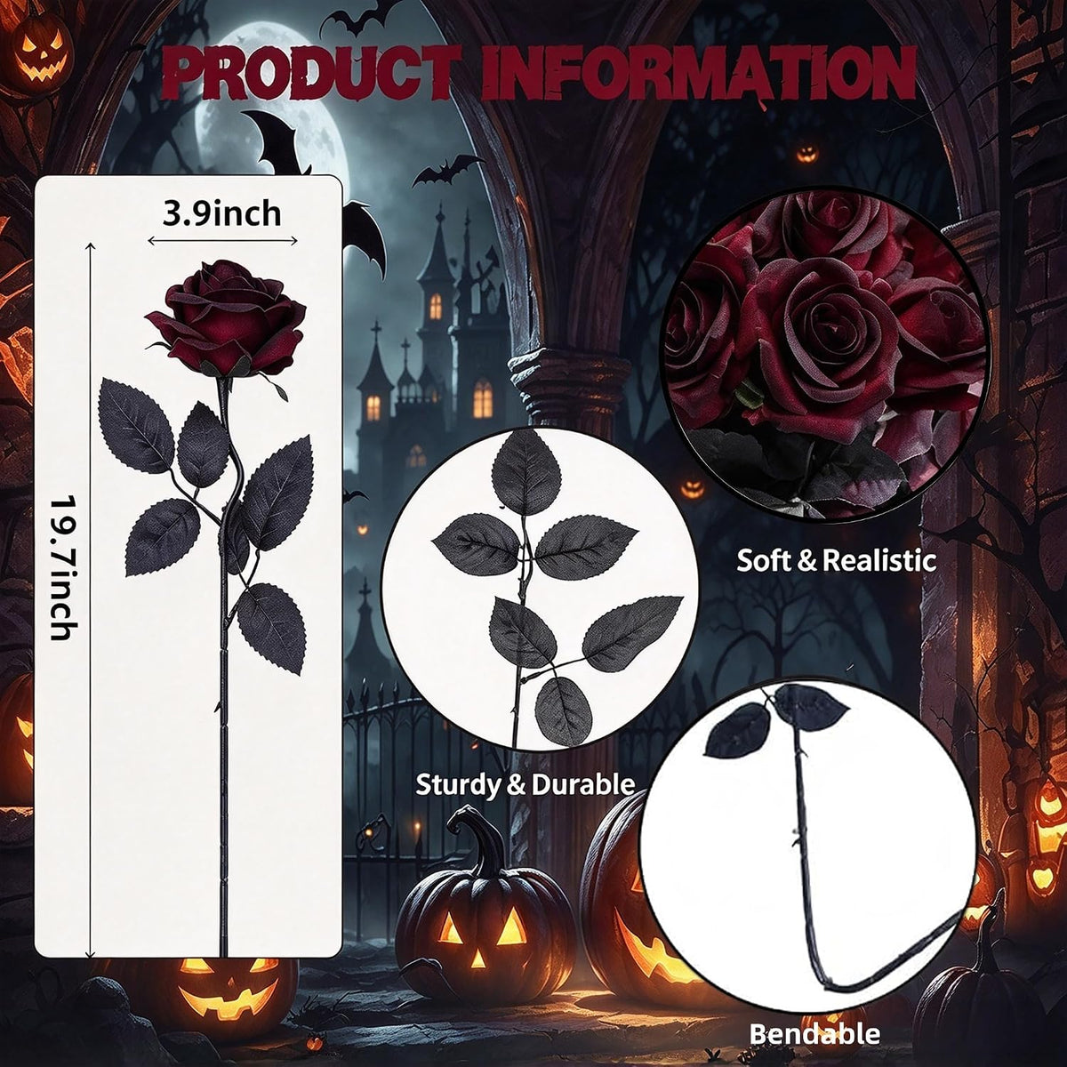 DoubleWood Halloween Artificial Silk Roses, 24Pcs Black Burgundy Flowers