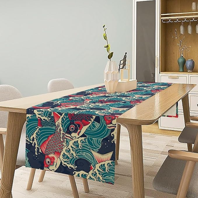 Kio Fish Table Runner Waves Japanese Tradition Art Printed Burlap Runner Home Kitchen Dining Table Living Room Decor Fabric 1 Panel W13xL108in