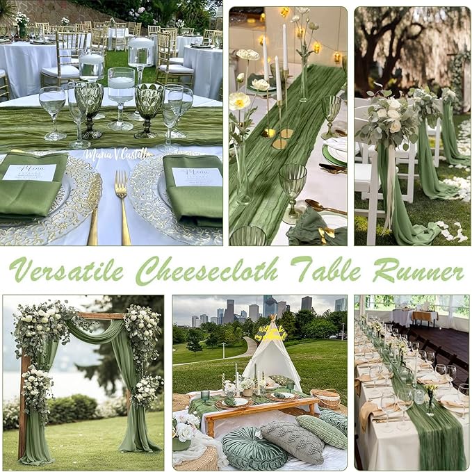 10 Packs Olive Green Cheese Cloth Table Runners, 10FT Boho Gauze Moss Green Cheesecloth Table Runner for Wedding Bridal Baby Shower Fall Thanksgiving Table Decoration