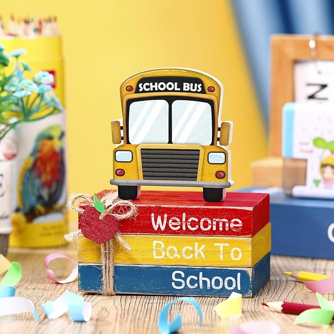 4 Pcs Back to School Table Decorations First Day of School Tiered Tray Decorations Decorative Mini Wooden Books Subject Signs for Office Shelf Classroom Tabletop Bookshelf(Bus)