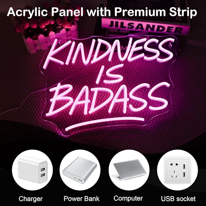 KINDNESS IS BADASS Neon Sign – Pink LED Wall Light, Inspirational Neon Word Sign for Bedroom, Dorm, Living Room, Office & Gift Décor