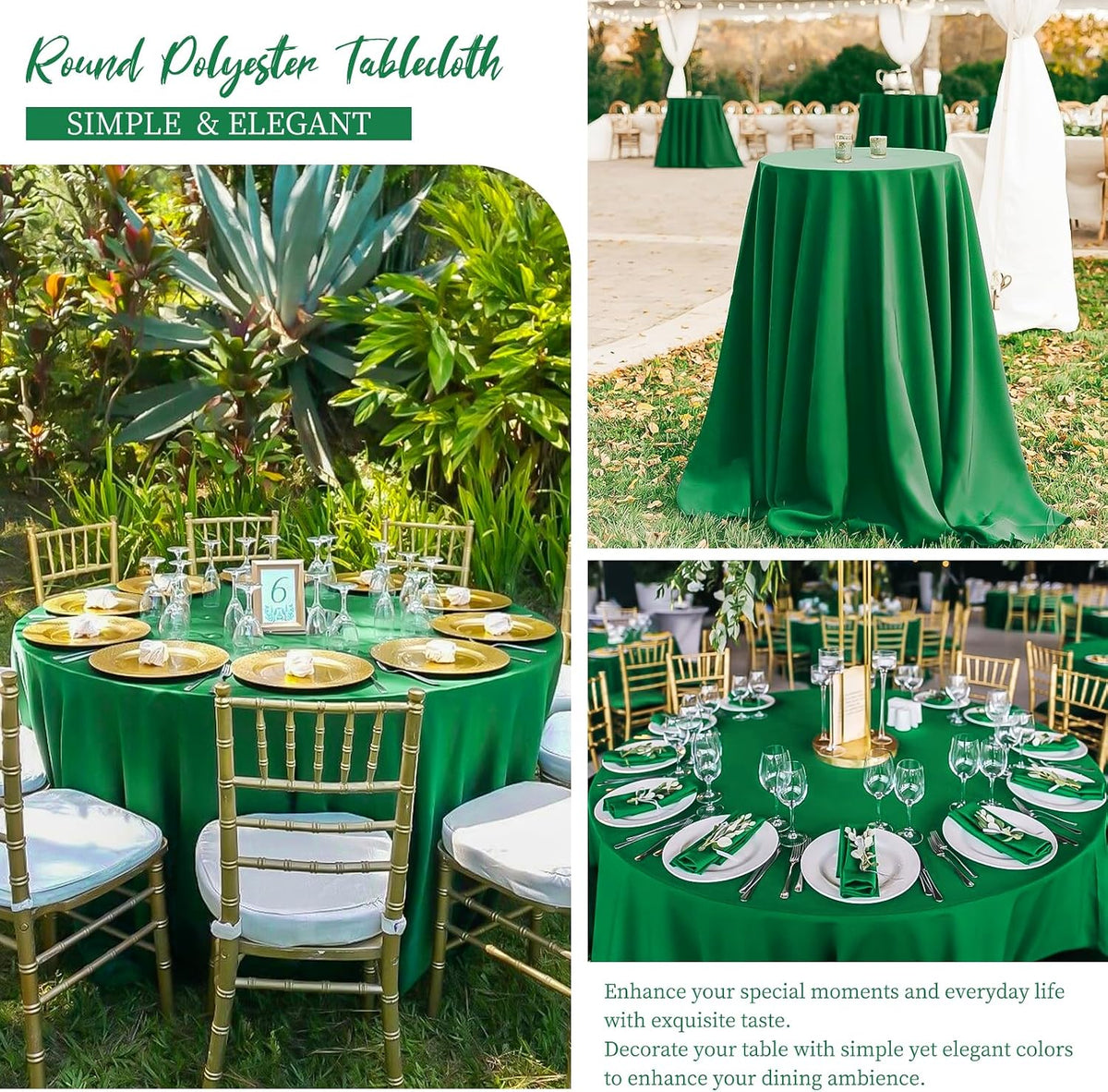 12 packs 120 inch green round polyester tablecloths on a desk or shelf