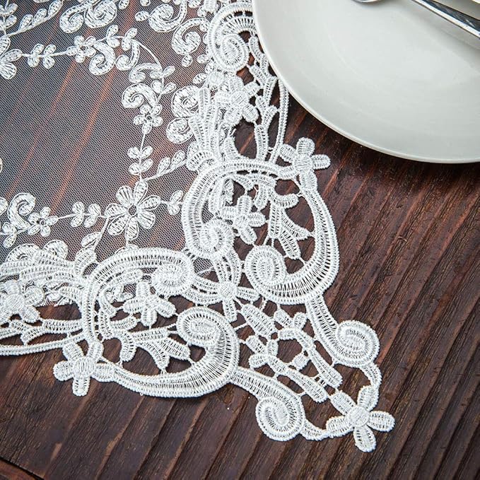 ARTABLE Rectangle Table Runner Lace Macrame Embroidered Table Runners with Exquisite Vintage Shabby Chic for Holiday Wedding Long Dinner Tables (White, 12 x 36 Inch)