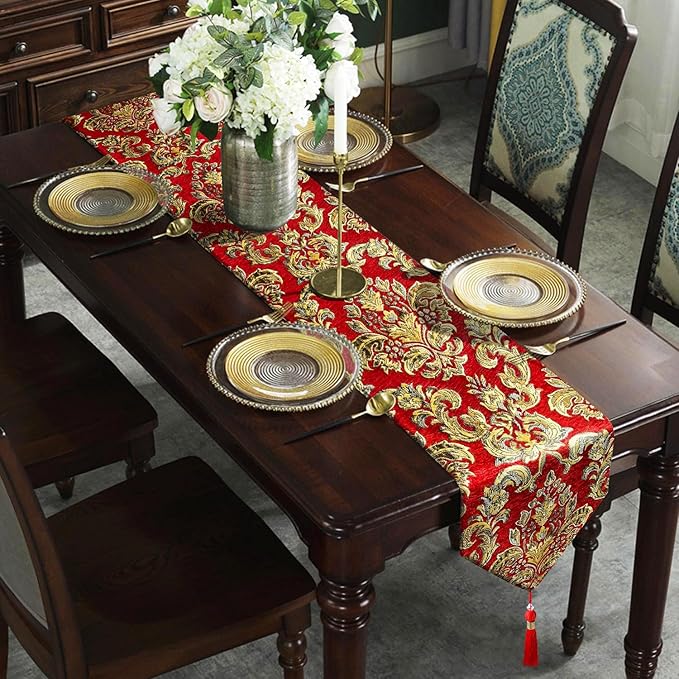 Burgundy Chenille Table Runner Embellished Jacquard with Gold Flower 13"x98" Christmas Deluxe Decor