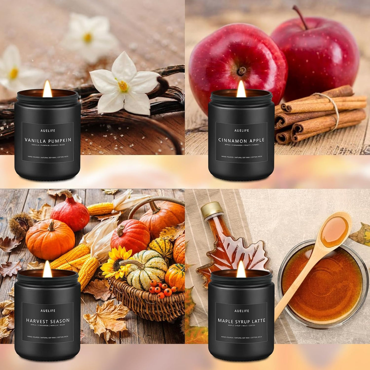 Auelife Fall Candle Set for Home Scented, Soy Wax, 4 Pack 28 oz