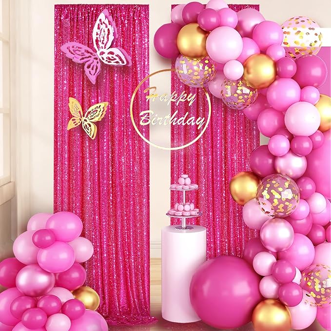 Hot Pink Sequin Backdrop 2 Panels 2FTx8FT Photo Backdrop Curtains Glitter Background for Wedding Party Stage Decorations