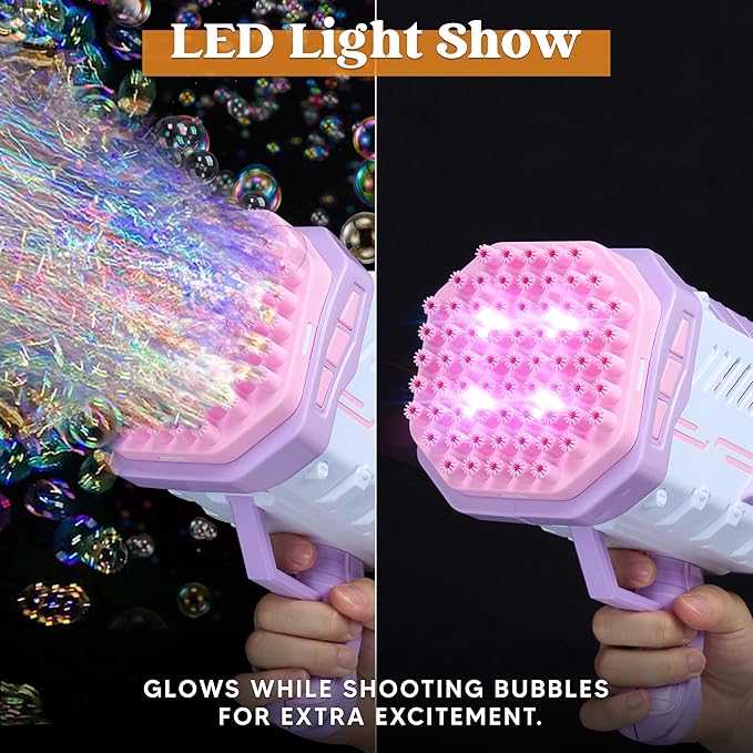 Sloosh Bubble Machine Gun W/Solution for Kids Ages 4-8, Light-Up Bazooka Rocket Shape Bubble Guns Blaster for Outdoor, Summer Toys Gifts, Party, Wedding, Easter