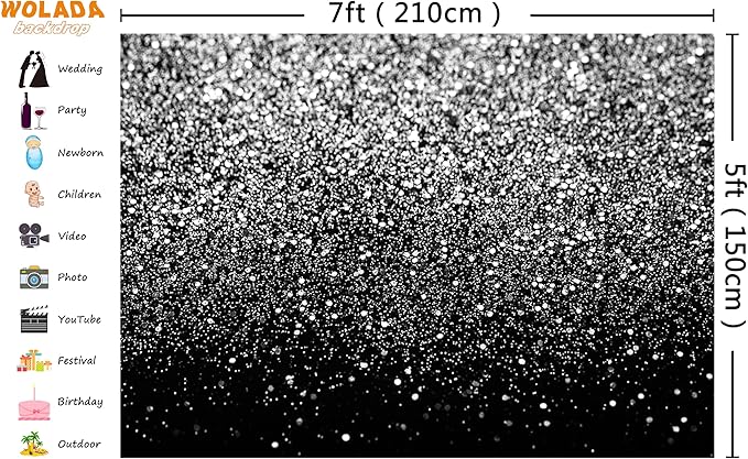 WOLADA Black and Silver Backdrop Silver Glitter Backdrop for Photography Wedding Birthday Baby Shower Party Photo Studio 7x5FT FW18