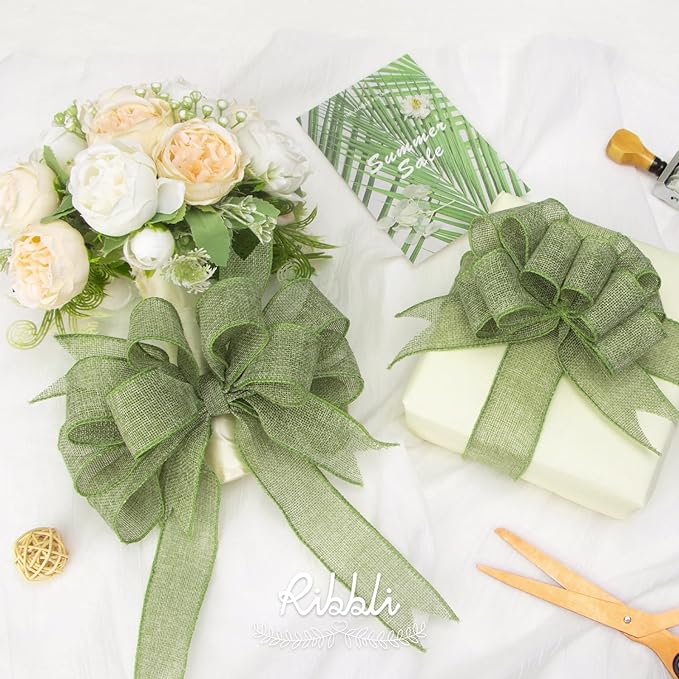 Ribbli Sage Green Burlap Wired Ribbon, 1-1/2” Inch x Continuous 20 Yard, Spring Moss Wired Ribbon for Wreaths,Big Bows,Tree Decoration,Outdoor Decoration