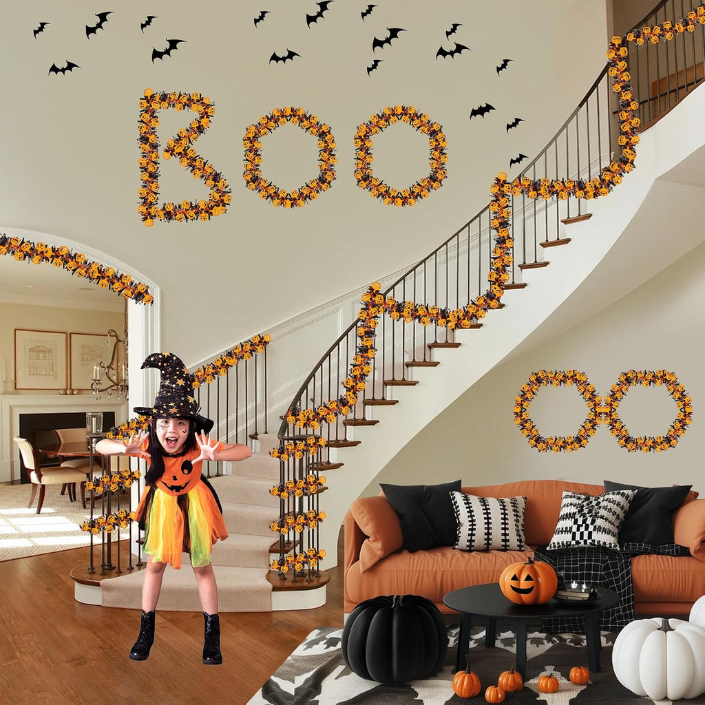33FT Halloween Tinsel Garland with Orange Pumpkin Ornament, Shiny Metallic Twist Garland Outdoor Indoor Halloween Decorations for Home Table Office Classroom Fireplace Mantle Party Decor