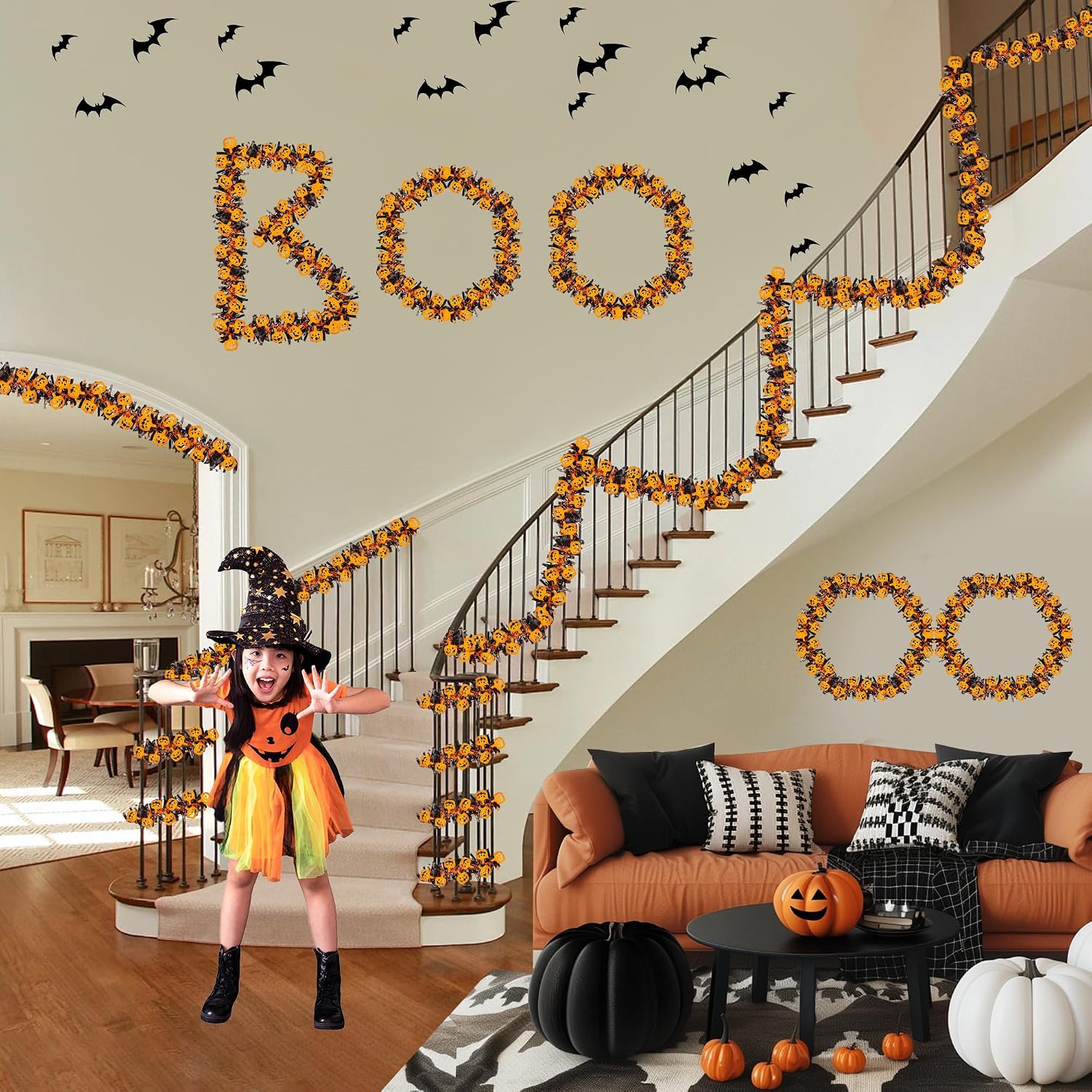 33FT Halloween Tinsel Garland with Orange Pumpkin Ornament, Shiny Metallic Twist Garland Outdoor Indoor Halloween Decorations for Home Table Office Classroom Fireplace Mantle Party Decor