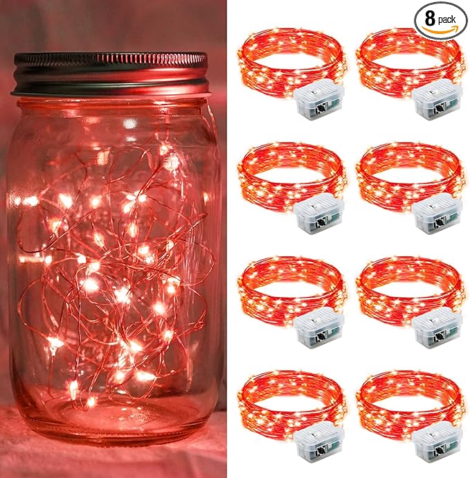 8 Pack Red Fairy Lights 7Ft 20 LED Twinkle String Lights 3 Modes Battery Operated Waterproof Firefly Starry for Mason Jar Party Wedding Christmas Valentines Day Table Centerpieces