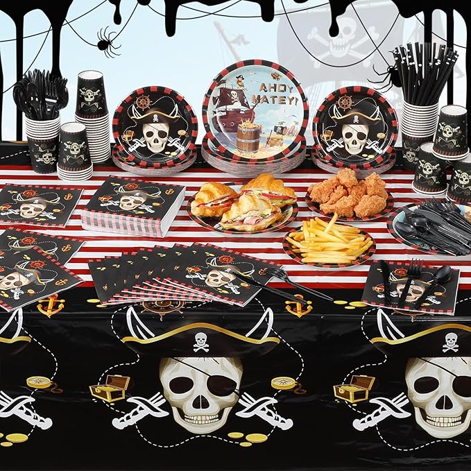 452 Pcs Pirate Party Supplies Decorations for 50 Guests, Pirate Treasure Theme Paper Plates Napkins Cups Tablecloth Cutlery Straws for Adult Halloween Birthday Party Decorations