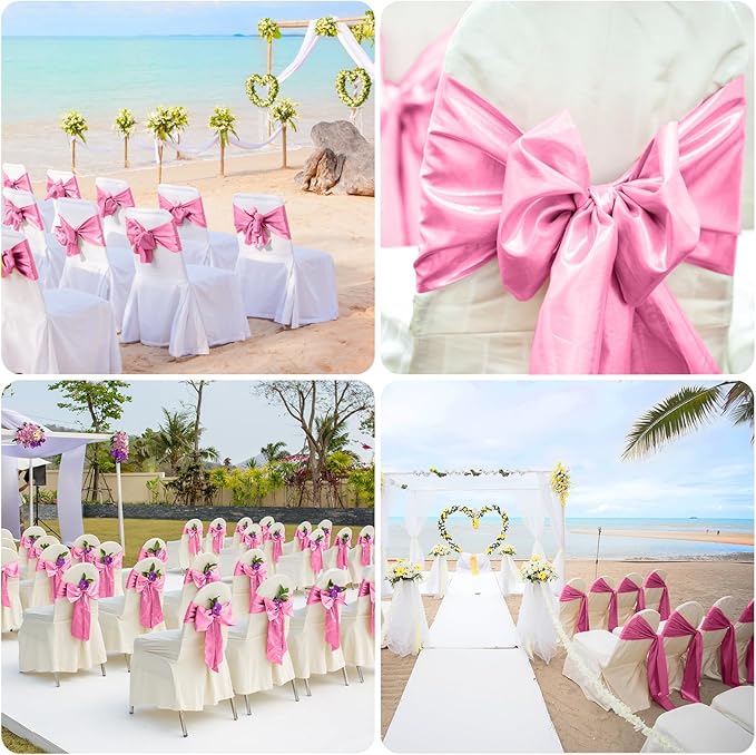50 PCS Pink Satin Chair Sashes Bows Universal Chair Ribbon Ties Back Sash for Wedding Party Reception Events Banquets Hotel Event Chair Cover Decoration (7x108 inch)