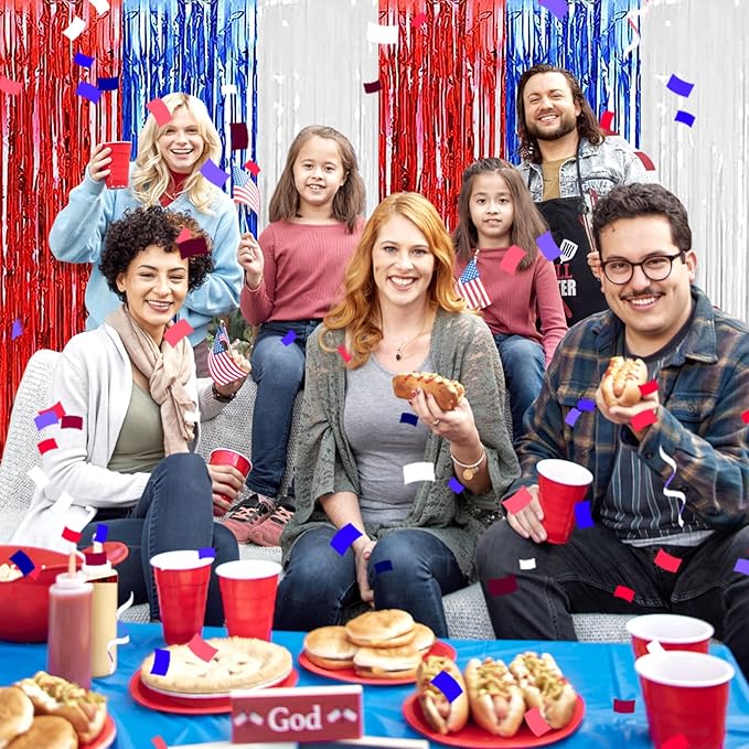 6 Pack White Blue Red Foil Fringe Curtain Backdrop, 3.28Ft x 8.2Ft Metallic Tinsel Foil Fringe Streamer Curtains for Photo Booth, Birthday, Wedding, New Year Party Decorations