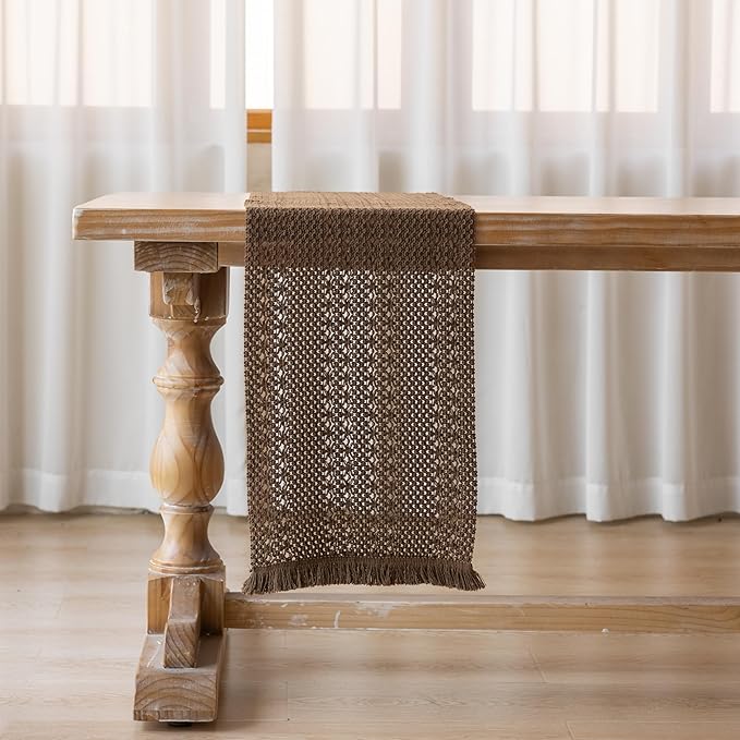 Boho Brown Table Runner for Home Decor 12x48 Inches Farmhouse Macrame Burlap Jute Rustic Dining Kitchen Centerpiece Bohemian Decor French Country Baby Bridal Shower Decorations