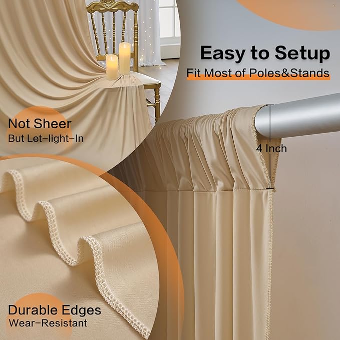 50×12 ft Wrinkle Free Beige Backdrop Curtain for Weddings Parties, 10 Panels 12ft Silky Polyester Wedding Drapes Backdrop Photo Back Drop Cloth for Birthday Baby Shower Photography Backgrounds