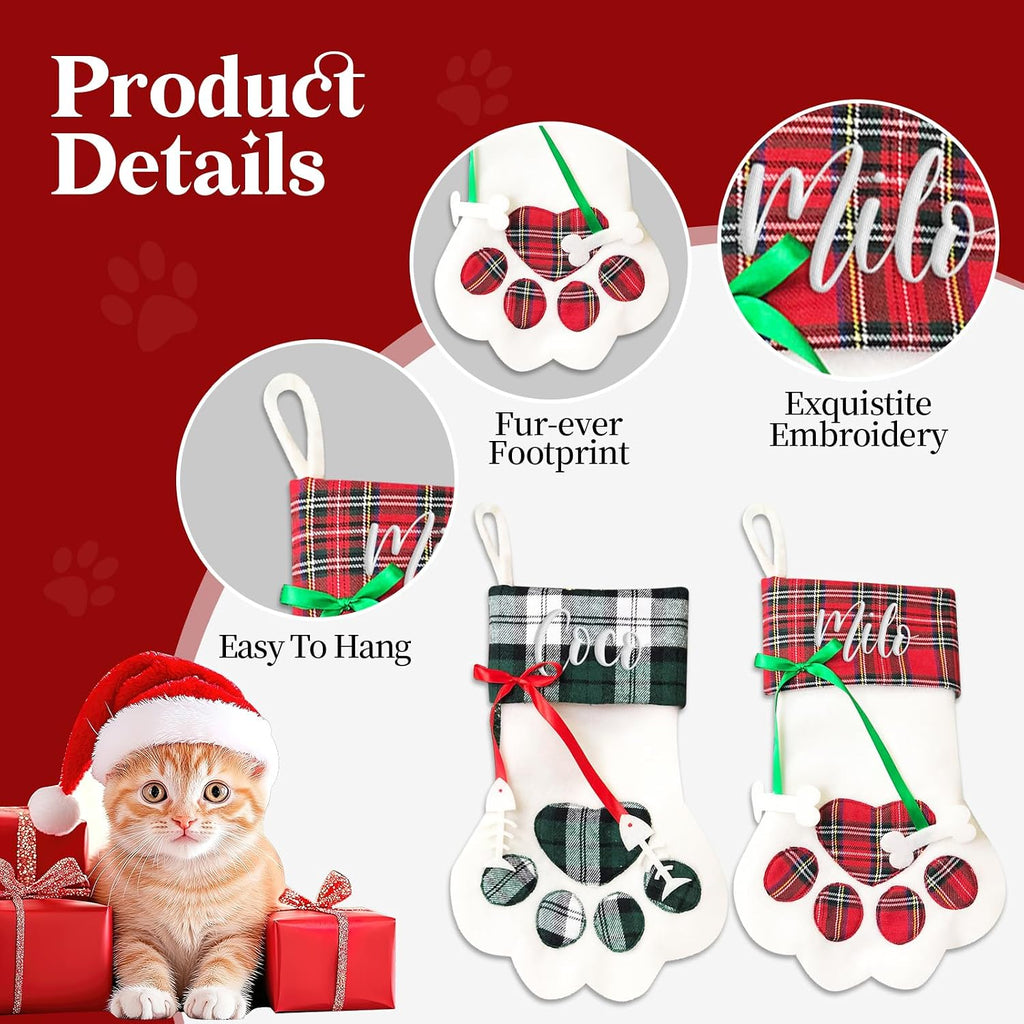 Personalized Christmas Stockings for Dogs and Cats, Custom Paw Shape Stocking Embroidered with Pet Name, Xmas Decorations Family Holiday Fireplace Hanging Stockings (17.3x8.6 in)