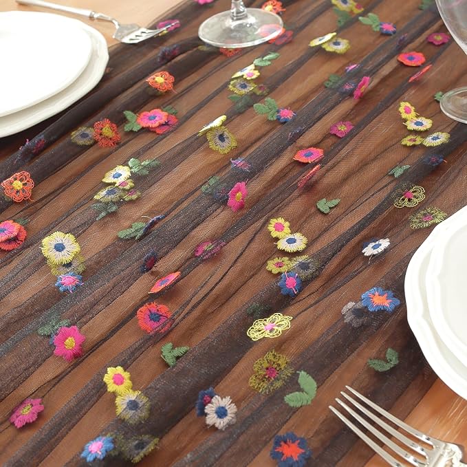 Black Embroidery Daisy Fall Table Runner 120Inch 10FT Florals Soft Sheer Tulle Fabric Table Runner for Home Decor, Brithday, Wedding, Baby Shower ,Holiday ,Parties, DIY Craft,1PC