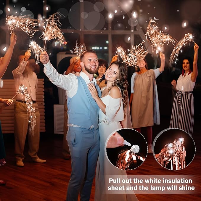 100 Pcs Lighted Wedding Wands LED Tinsel Wands Light up Streamers Sparklers for Wedding Send Off and Exits Birthday Party Props Favors(Rose Gold)