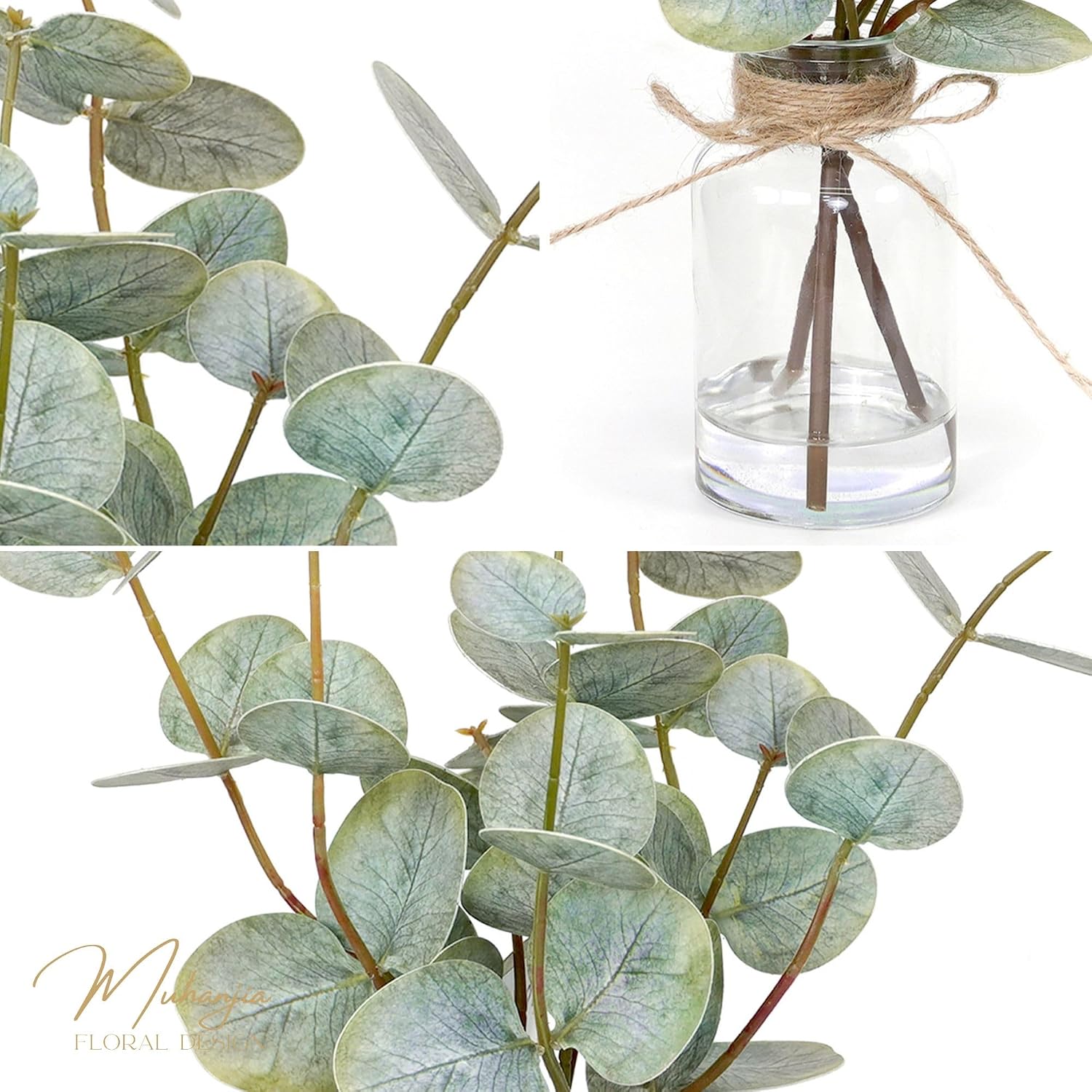 Muhanjia Artificial Eucalyptus Stems in Glass Vase with Faux Water,3Pcs Fake Plant with Double-Sided Green Leaves for Centerpiece(Double-Sided Green Eucalyptus)